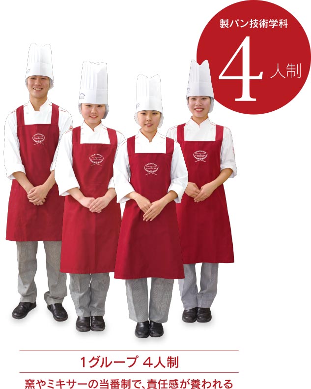 製パン技術学科:1テーブル 4人制、窯やミキサーの当番制で、責任感が養われる